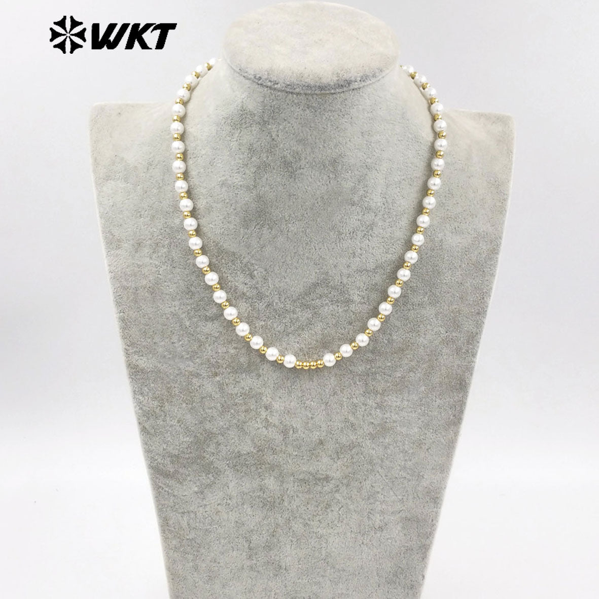 WT-JFN21 WKT 18 Inch Long 6mm Artificial Shell Pearl Space Beads Hand Strand Necklace in Real Gold Plated