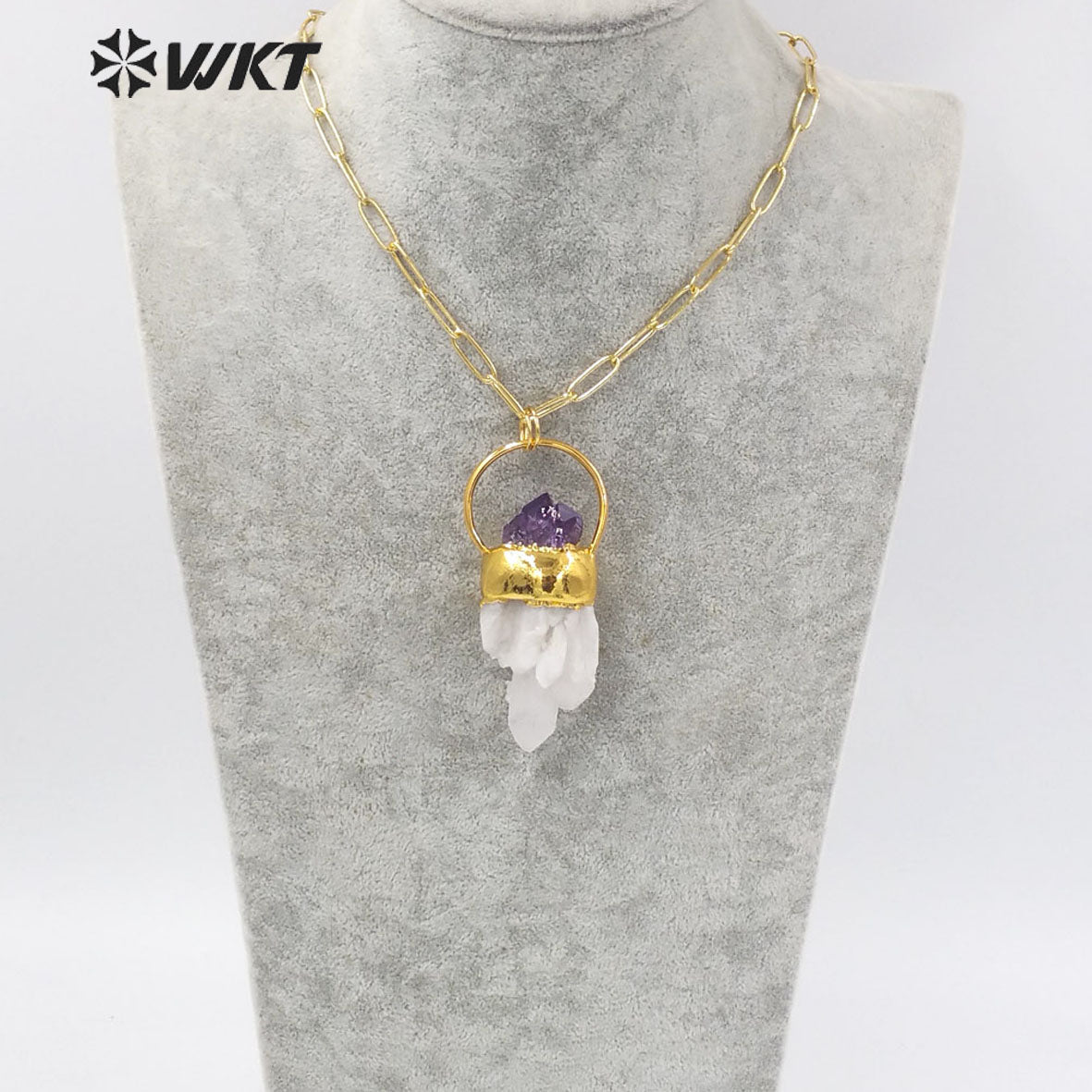 WT-N1275 Unique New Design Popular Natural Cluster Quartz Necklace With Amethyst Decorative Fashion Gold White Crystal Necklace