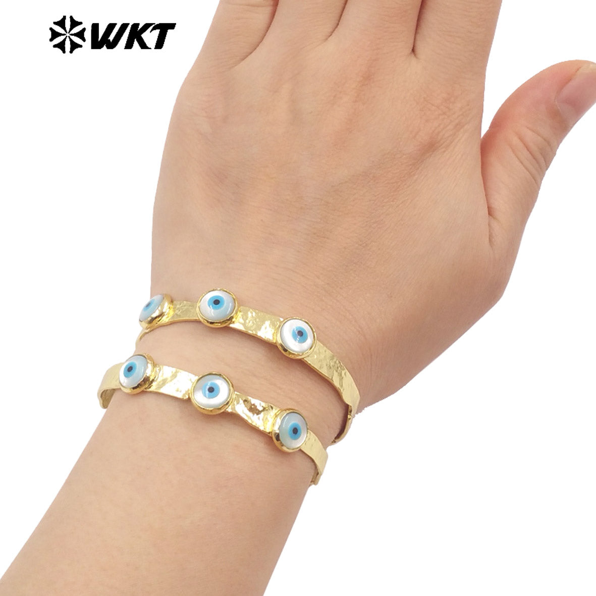 MPB113 Women Open Cuff Fashion Vintage Style Energy Religious Shell Turkey Eye Bangle for Women in 18K Real Gold Plated