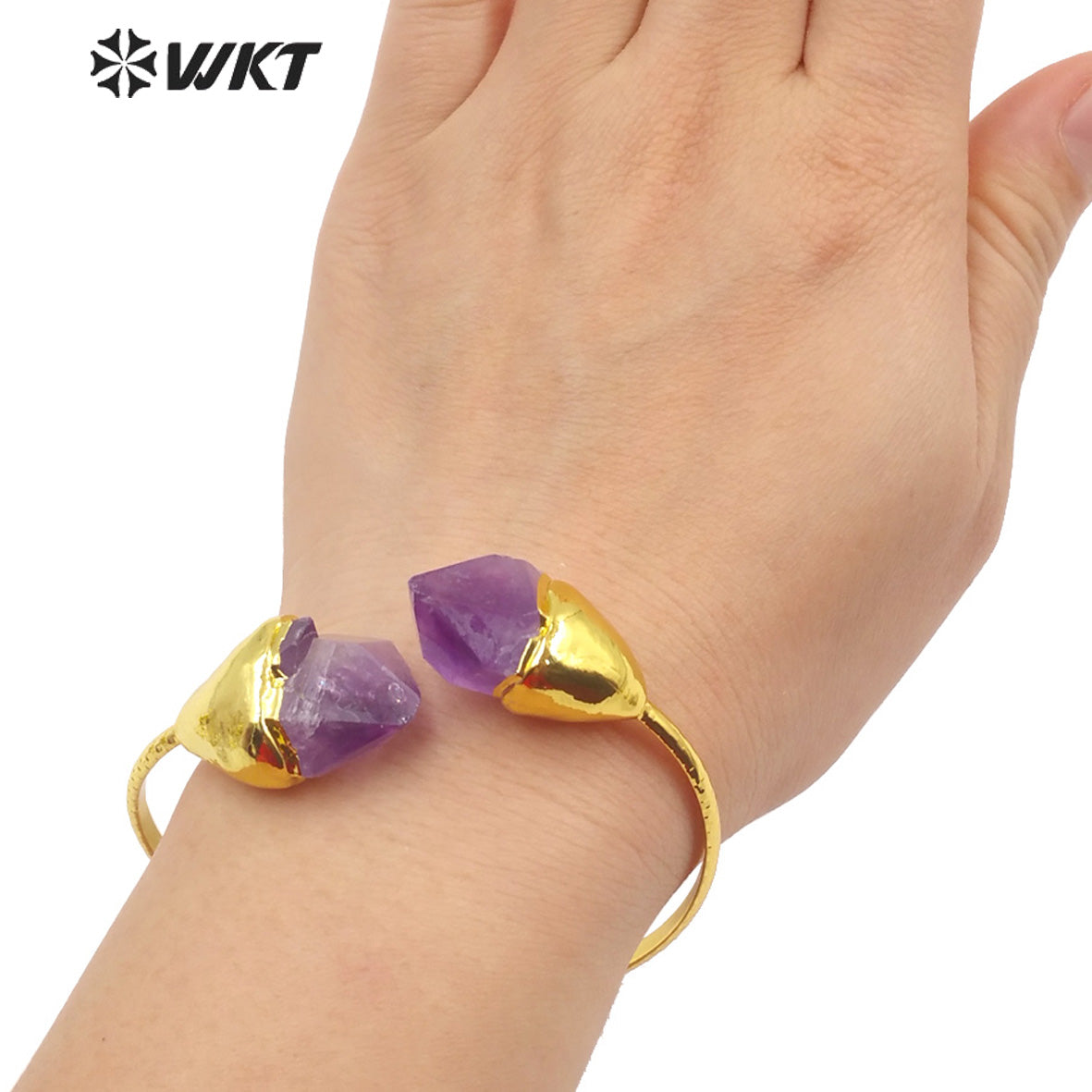 WT-B600 Natural Stone Bangle Amethyst Brass 18k Gold Plated Delicate Bangle Vintage Jewelry Women Gift Ring Stone Bangle