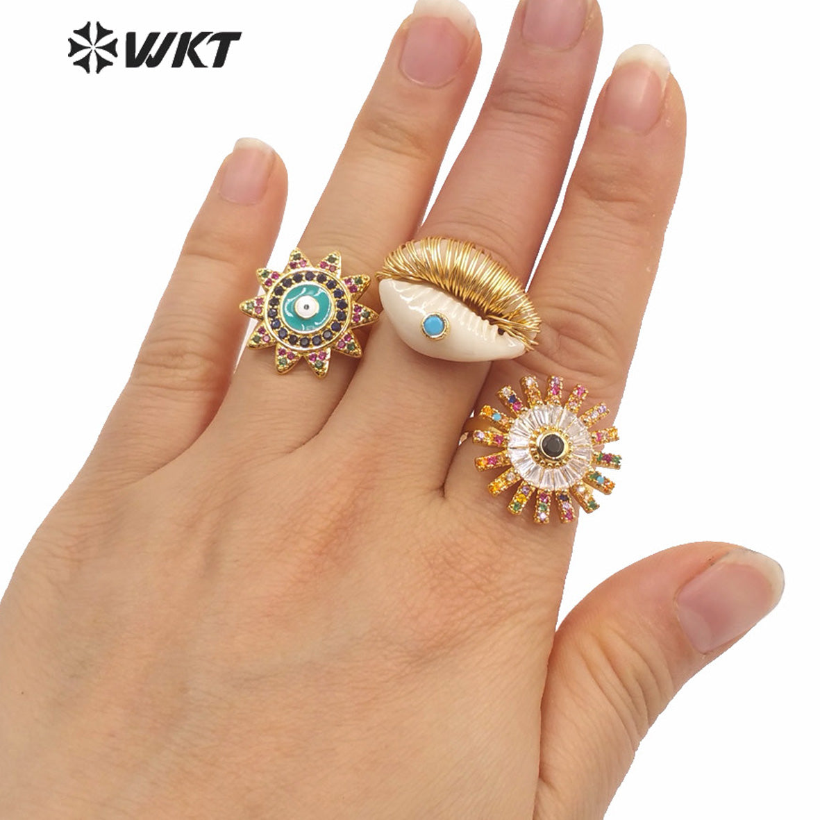 WT-MPR003 New Summer Hot Wire Brass Handmade Wrapped Natural Sea Cowrie Ring With Cz Charm Fashion Gold Summer Conch Rings