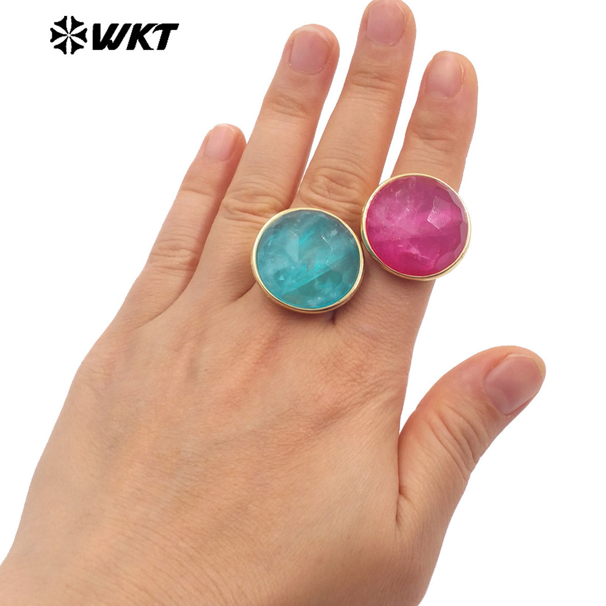 WT-R514 Wholesale New Design Big Round Natural Jade Spring Bright Color Women Gold Ring in Adjustable