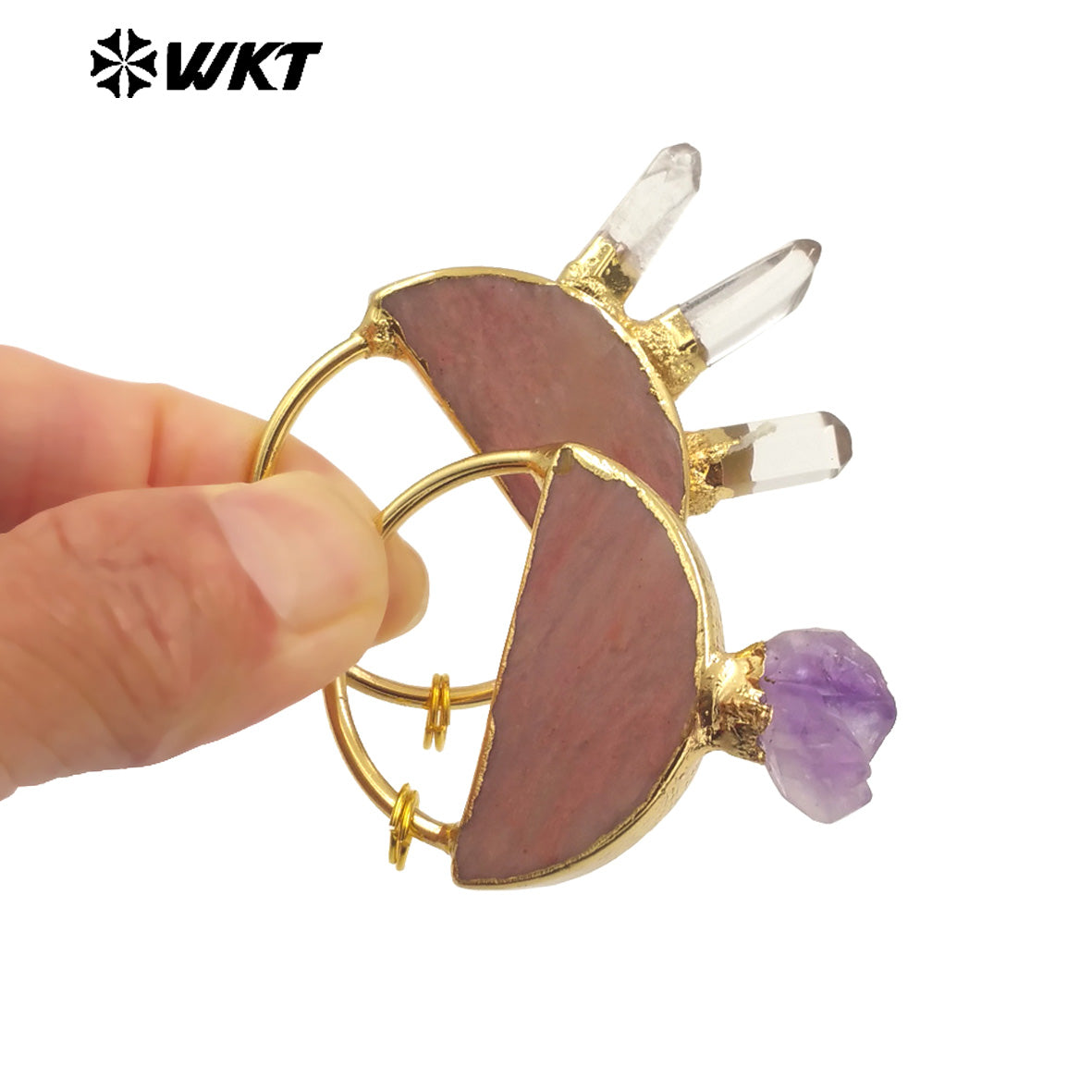 WT-P1969 WKT Unique Design Natural Stone Carved Half Circle Slice Rhodonite With Amethyst Quartz Pendant