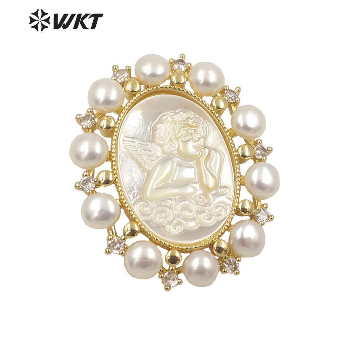 WT-JP278 New Gorgeous Fashion Gold Bezel Micro Pave CZ Setting White Pearl Angel Pendant Women Religious Christian Angel Shell
