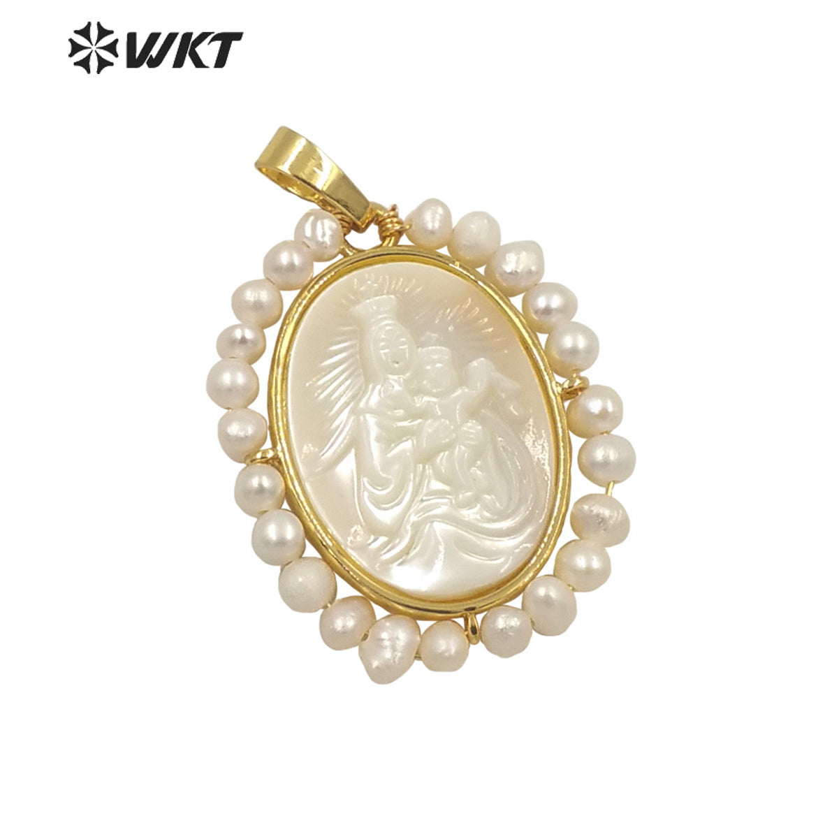 WT-JP264 WKT New Design Fashion Gold Bezel Religious Pearl Christian Pendant Oval Shape Virgin Mary Pendant for Necklace