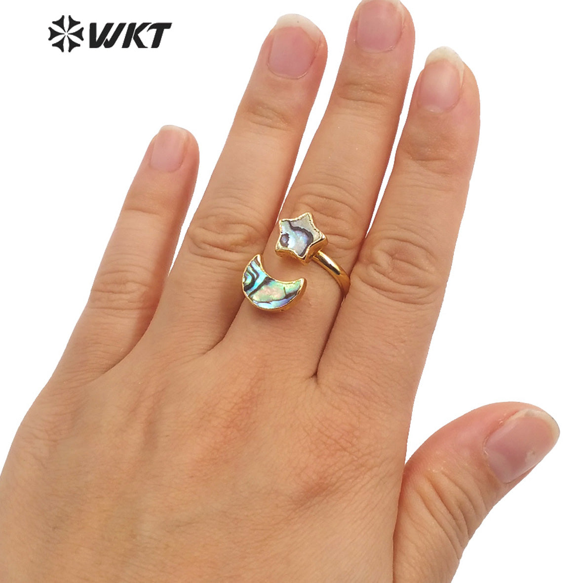 WT-MPR027 WKT Newest 18k Real Gold Plated Double Abalone Shell Star Ring Women Fashion Moon Ring for Party Fashion Shell Ring