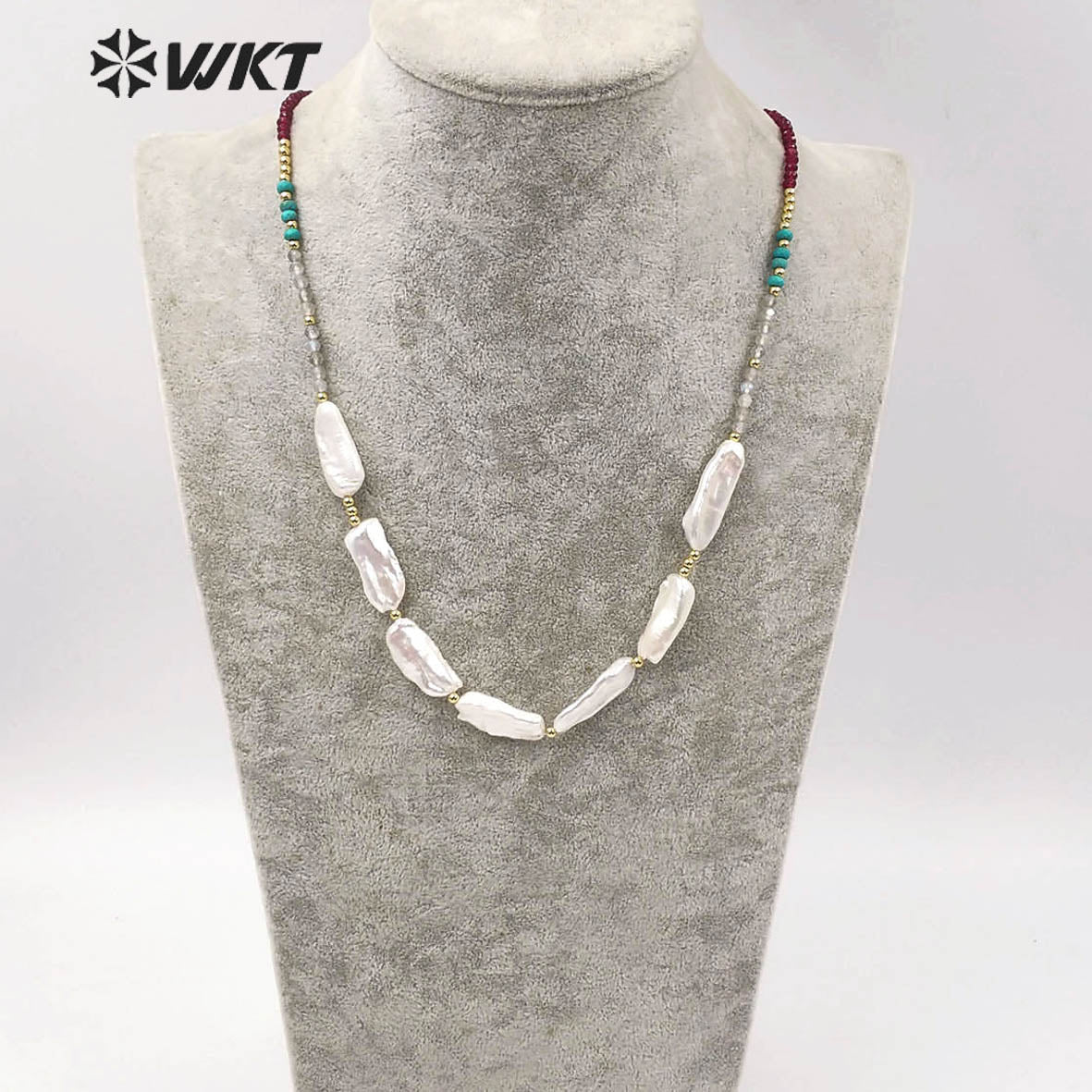 WT-JN124 WKT Exclusive Design Hand Make Strand Casual Necklace Women 24 Inch Long Faceted Beads Baroque Pearl Necklace