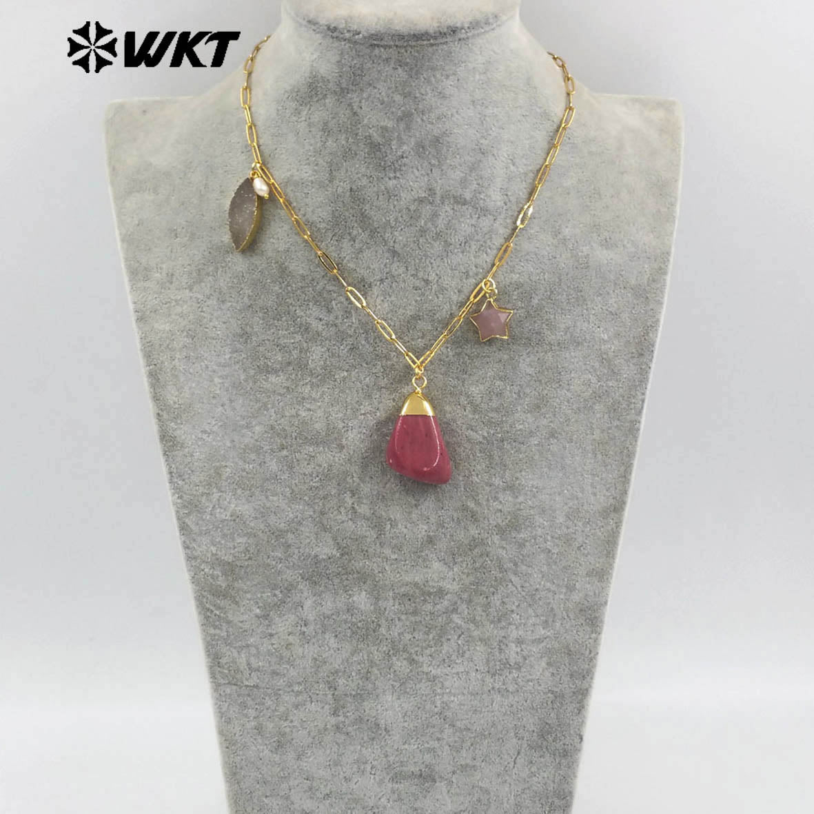 WT-N1489 Unique Design Natural Gemstones Necklace Gold Plated Chain With Three Stone Charms for Ladies Fashion Jewelry Gift
