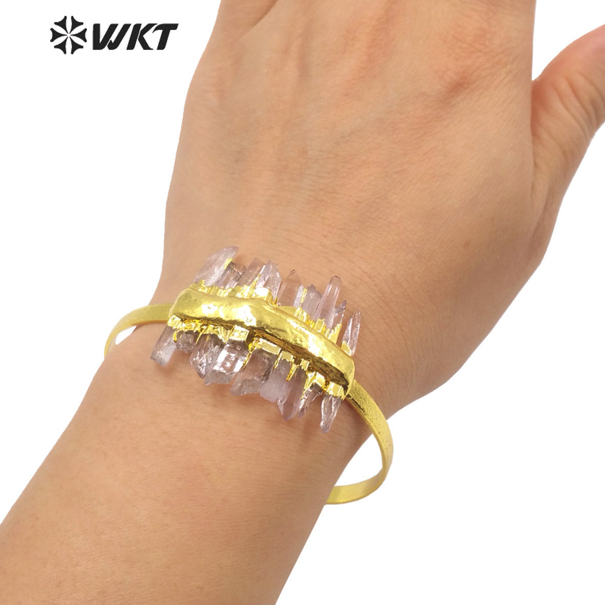 WKT-B583 Noble Generous Gold Electroplated Open Size Cuff Bangle Women Bohemian Natural While Crystal Quartz Gold Bangle