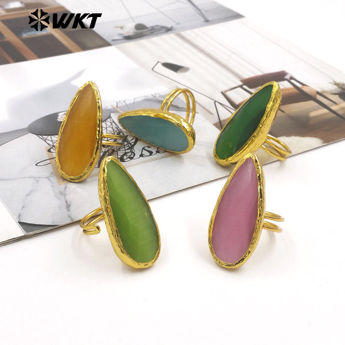 WT-R571 Beautiful Fashion Long Waterdrop Shape Gold Plated Colorful Cat Eye Stones Rings For Women Party Jewelry Accessory