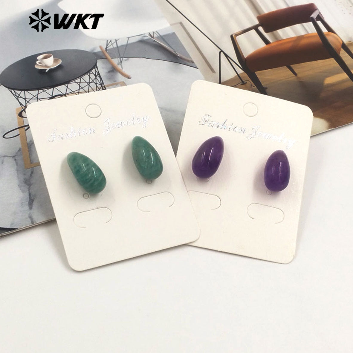 WT-E779 Wholesale Lovely Drop Beans Shape Colorful Blackobsidian Pink Crystal Quartz Stone Earring Drop Studs