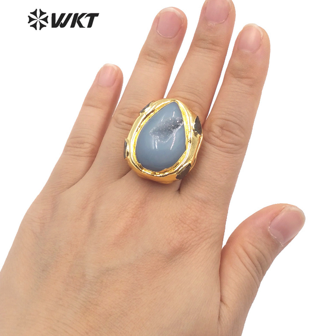 WT-R500 Gorgeous 18K Gold Plated Natural Druzy Geode Agate Teardrop Fashion Designer Unique Grey Stone Jewelry Ring