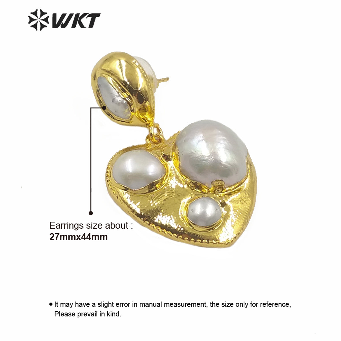 WT-MPE019 Gold Plated Freshwater Pearl Heart Earring Lady Classic Jewelry Natural Pearl Heart Shape Earring