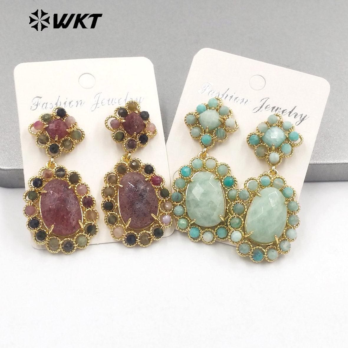 WT-E724 WKT Precious Natural Gemstone Carved with Wire Wrapped Tiny Stone Beads Made Earrings Charming Gorgeous Lapis Earrings