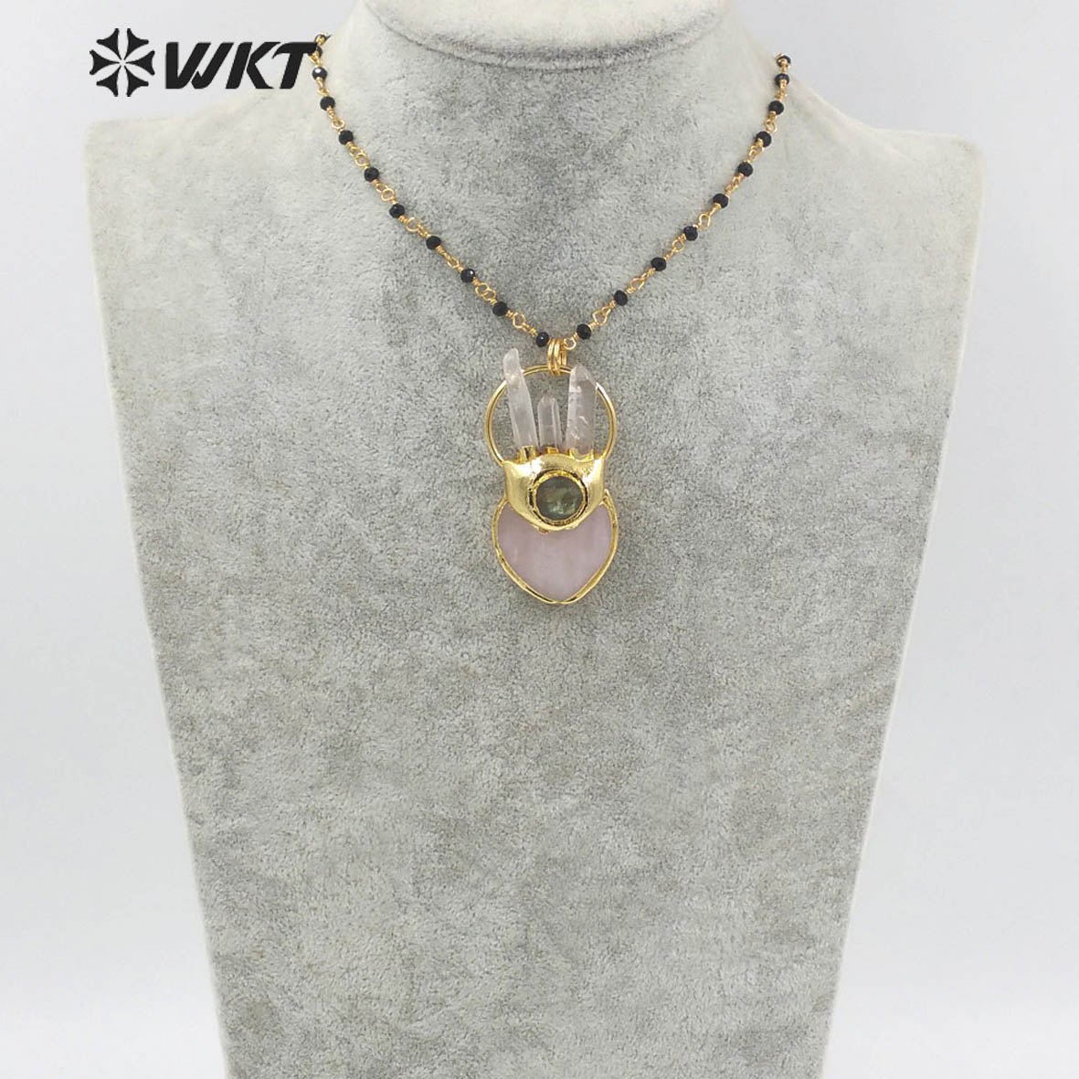WT-N1348 WKT 2022 Fashion 18k Real Gold Plated Rose Quartz Heart Statement Necklace Women Big Natural Stone Pendant Necklace