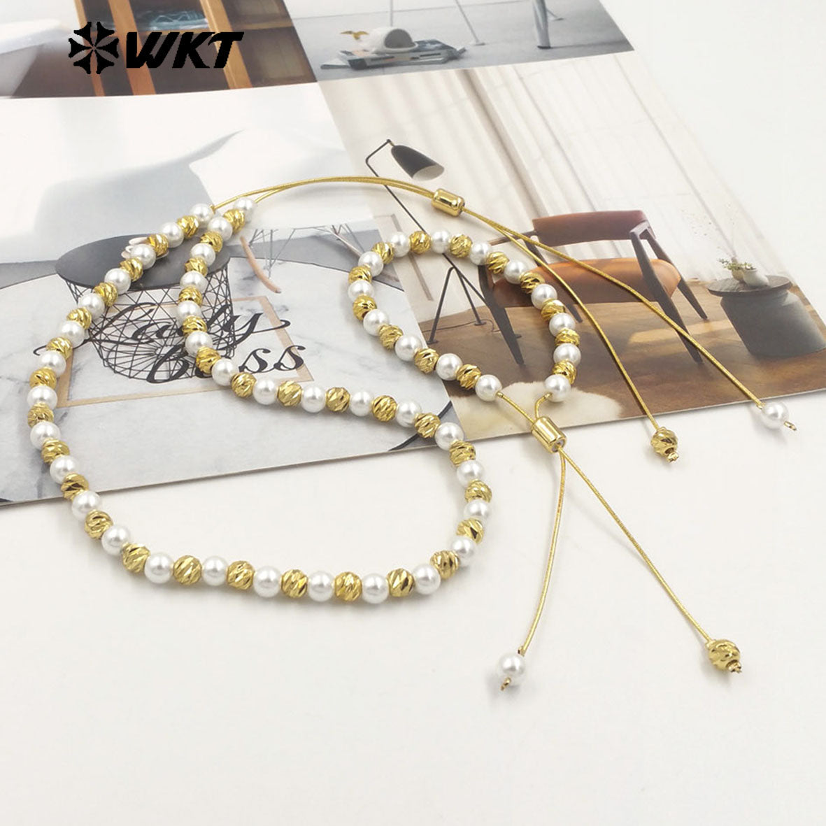 WT-JFN20 Wholesale Fashion Gold Plated Hand Strand Elegant Adjustable Chain Connect Pearl Beads Necklace
