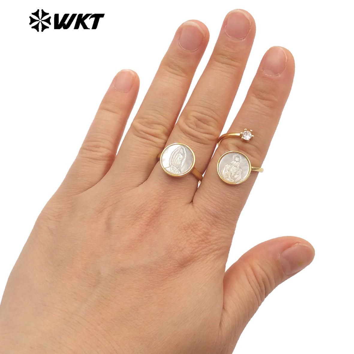 WT-MPR092 WKT New Christian Jewelry Design 18K Gold Plated Adjustable Religious Virgin Mary Ring With Zircon Stone
