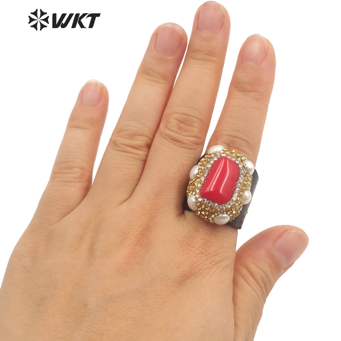 WT-R432 Women Magic Black Genuine Leather Red Coral Ring with Pearl Charm Elegant Rhinestone Pave Party Ring