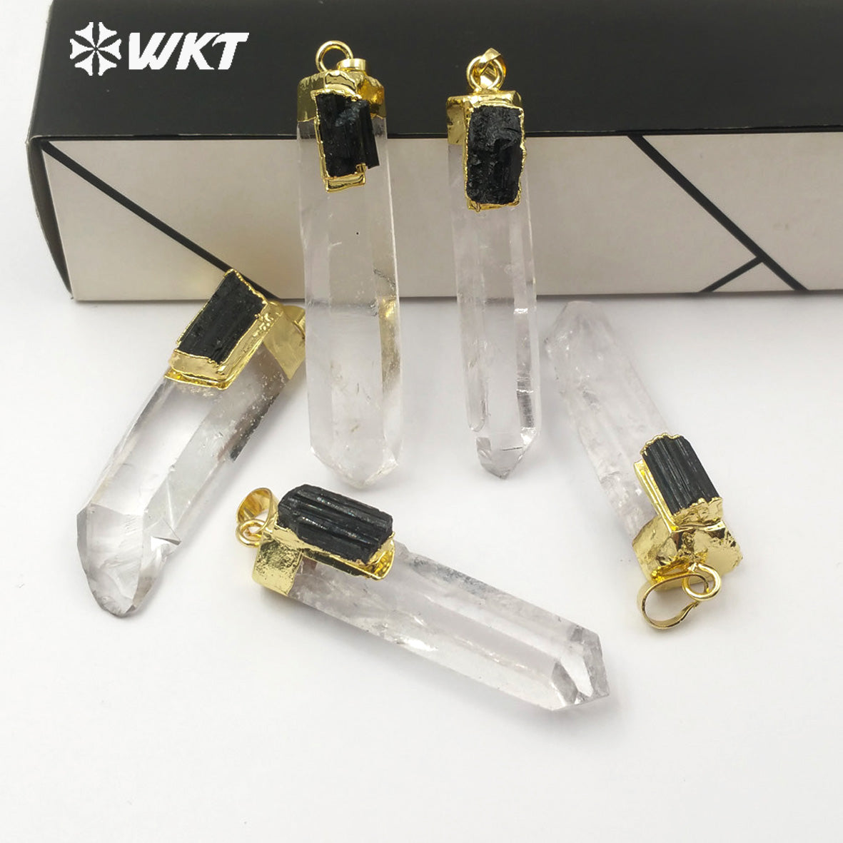 WT-P1447 Wholesale New Design Natural Stone in 18K Gold Plated Crystal Quartz with Black Tourmaline Charm Pendant
