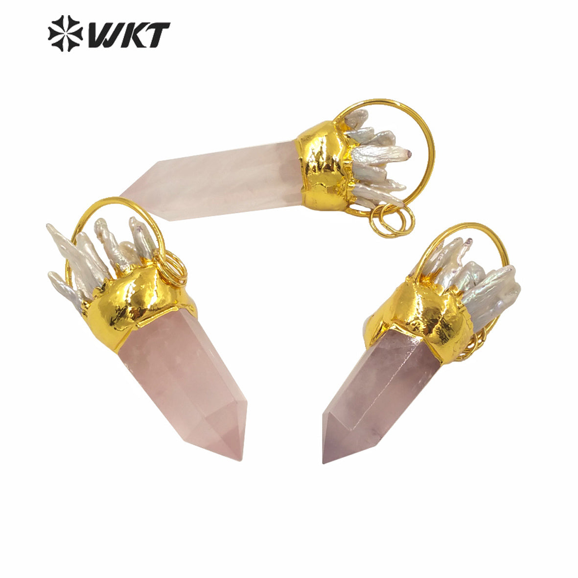 WT-P1587 WKT Amazing Big Natural Rose Quartz Spirit Point Pendant Women Fashion Pearl Charms PINK Quartz Pendant Jewelry