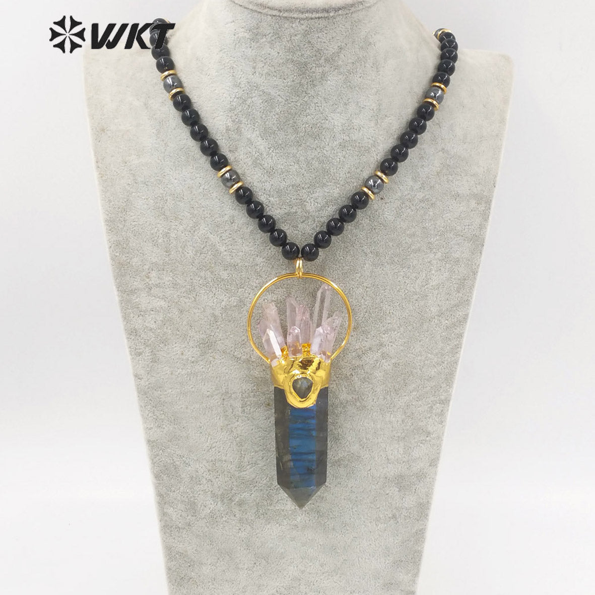 WT-N1244 Women Fashon Big Hexagonal Cube Spirit Point Beads Necklace Natural Labradorite Black Stone Statement Stone Necklace