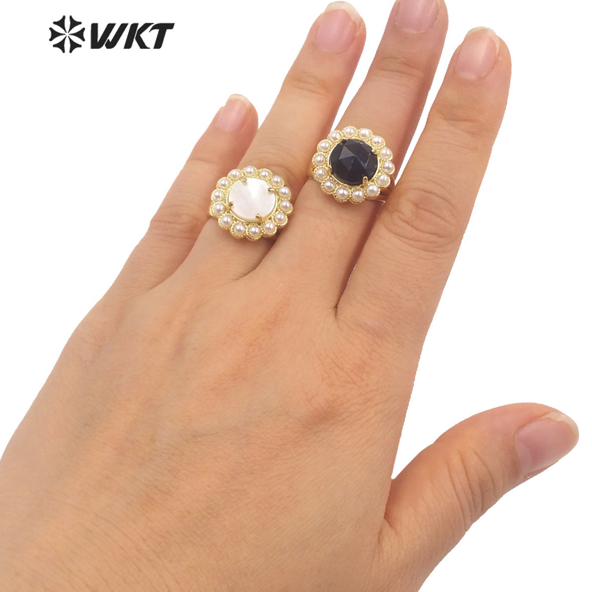 WT-MPR079 Wholesale Fashion 18K Real Gold Plated Round Gemstone Malachite Natural Stone Lady Ring Popular INS Hot Women Ring