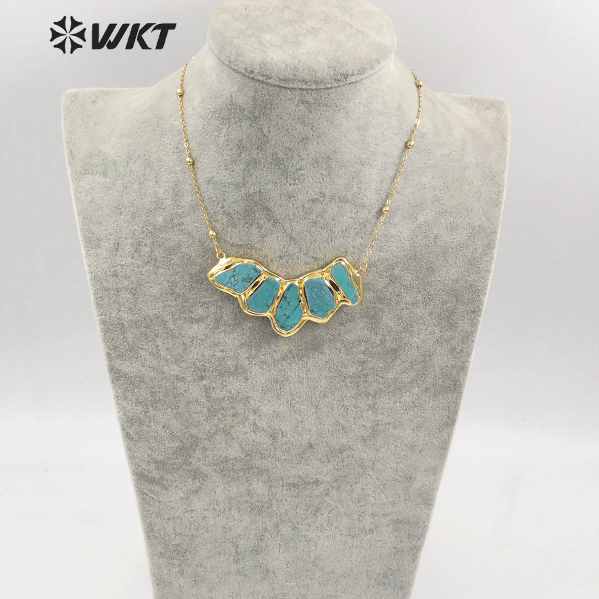 WT-N1458 WKT Exclusive Design New Multi Turquoise Stone Assemble Big Horn Stone Necklace With 18K Real Gold