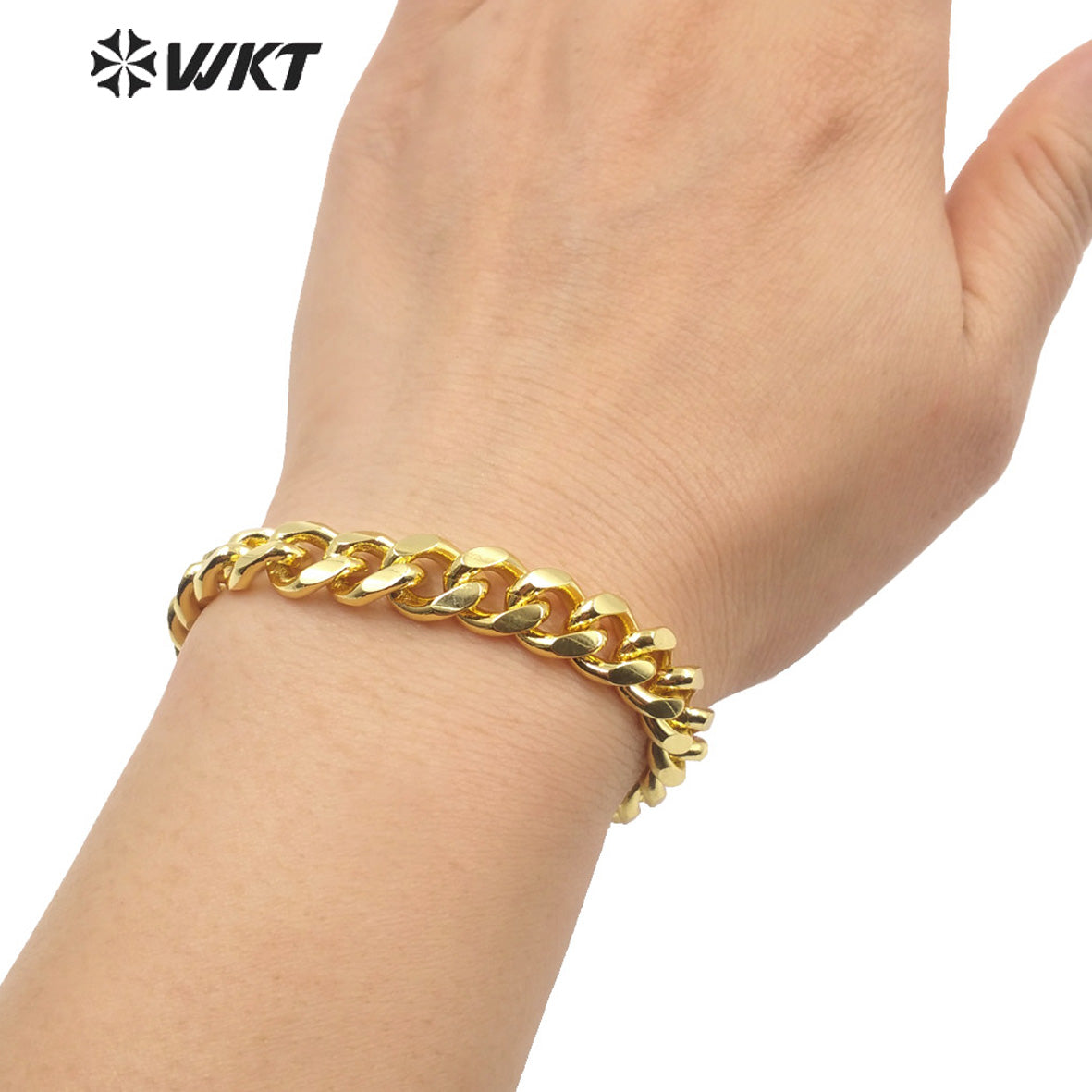 WT-B572 Fashion Women Real 18k Gold Plated Big Chunky Chain Bracelet Simple Metal High Polish Twisted Curb Chain Bracelet