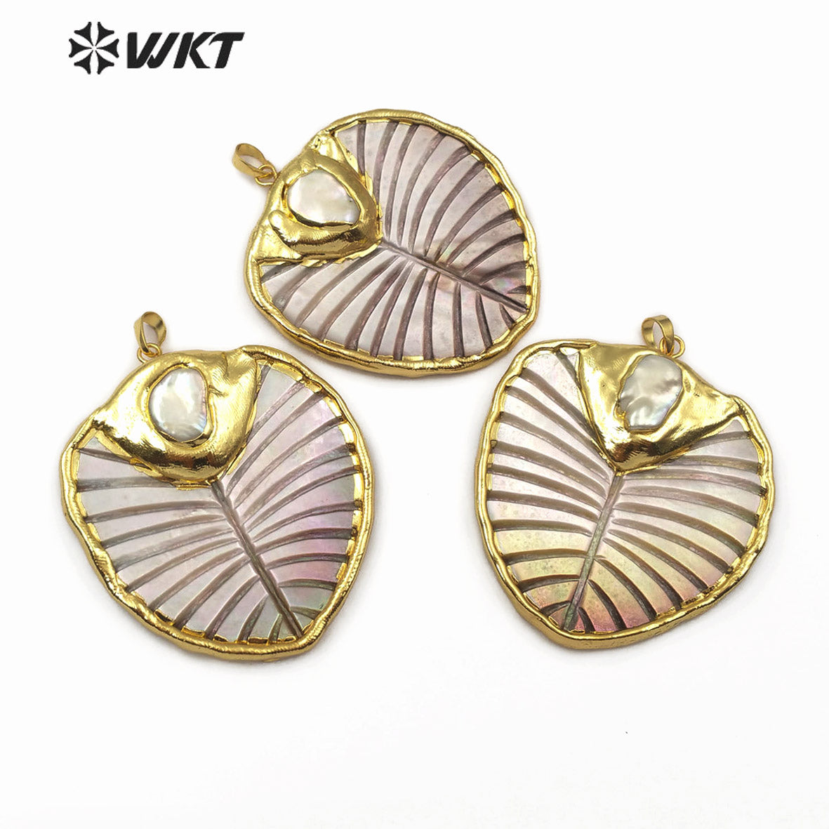 WT-JP100 Natural Color Leaf Shape and Grain Jewelry Necklace with 18K Gold Plated Edges and Pearl-embellished Shell Leaf Pendant