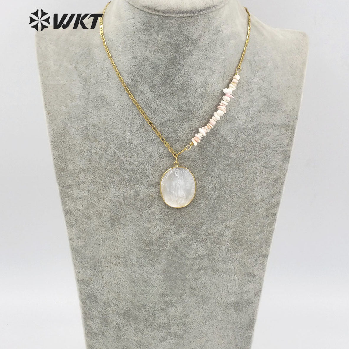 WT-JN146 WKT Amazing Fashion 18k Real Gold Plated Religious Virgin Mary Pendant Necklace Mix Contructure Shell Pendant Necklace