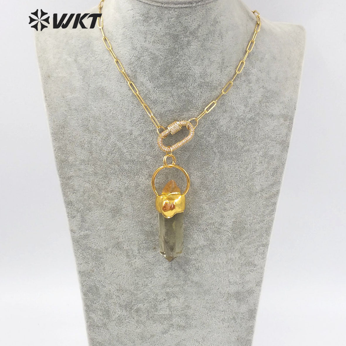 WT-N1273 Unique Gold Electroplated Yellow Crystal Stone Big Pendant Necklace Women Chunky Citrine Raw Stone Necklace