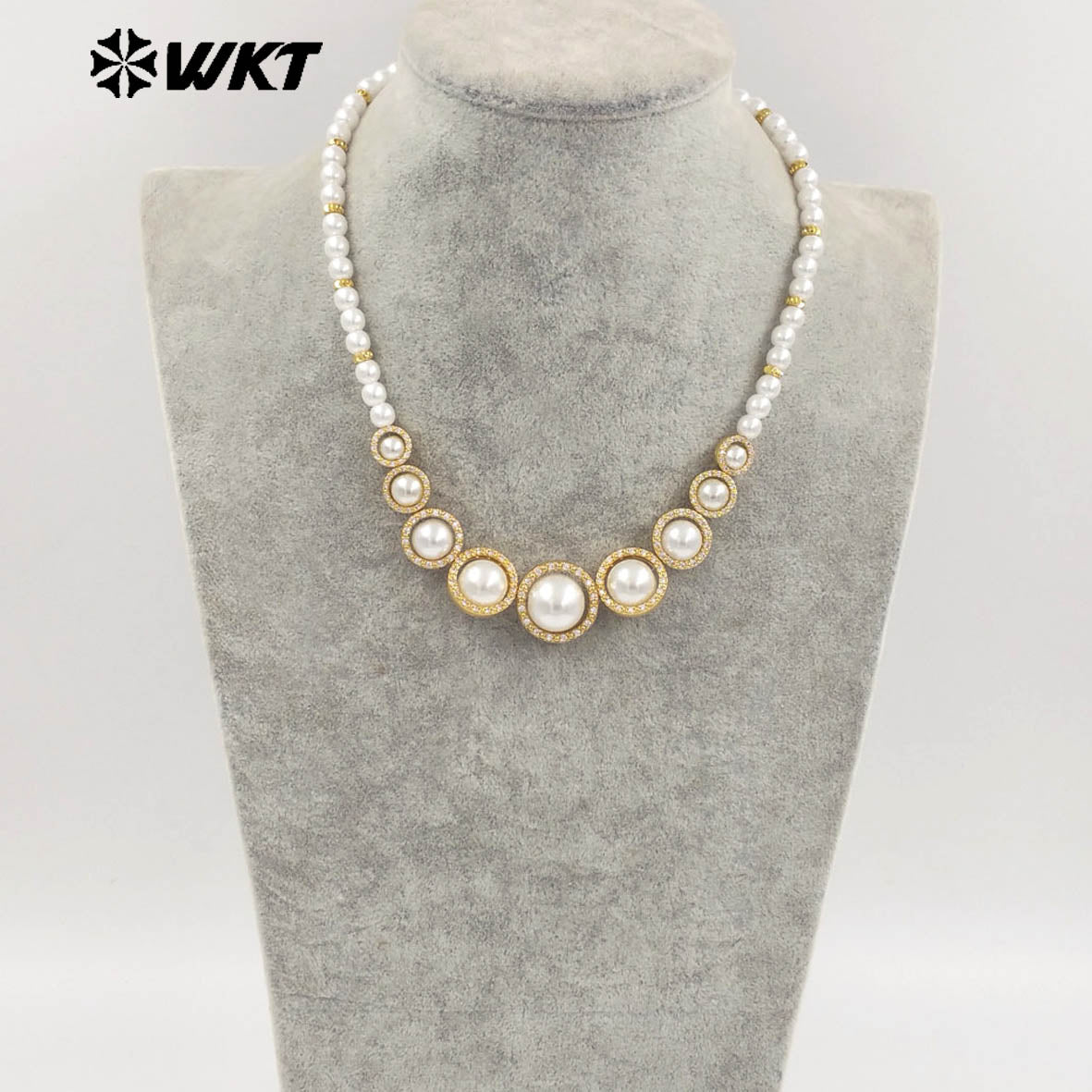WT-JN290 Stylish Gold Beads Interspersed With Silver Beads Pearl Round Necklace With Small Zircon Jewelry Accessories for Women