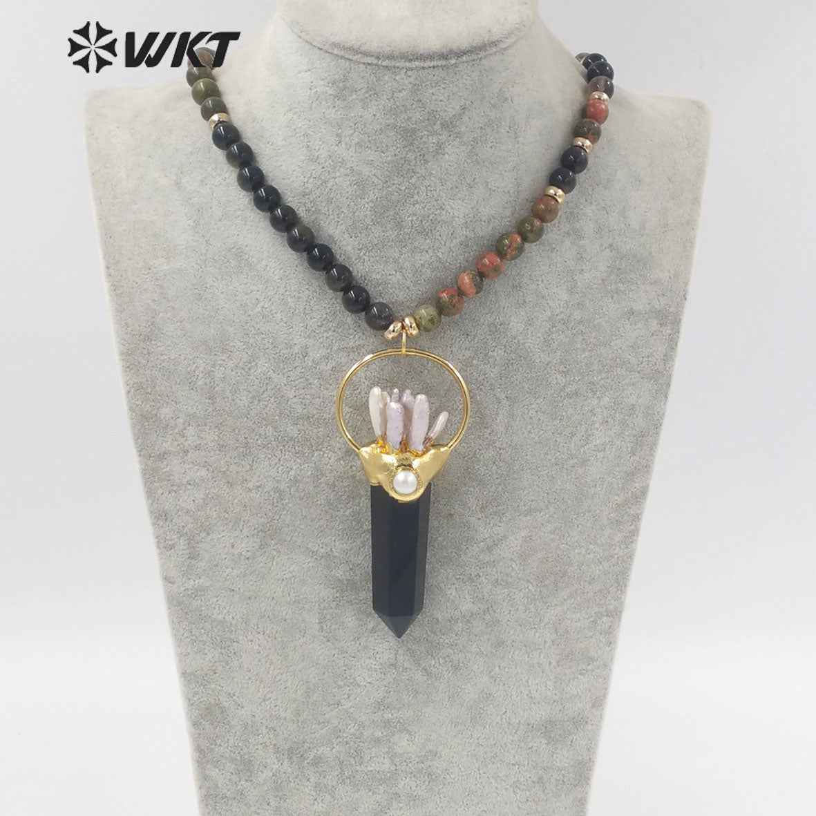 WT-N1338 WKT Women Fashion 30 Inch Long Bead Necklace Handmade Vintage Boho Gemstone Big Quartz Point Necklace Beads Necklace