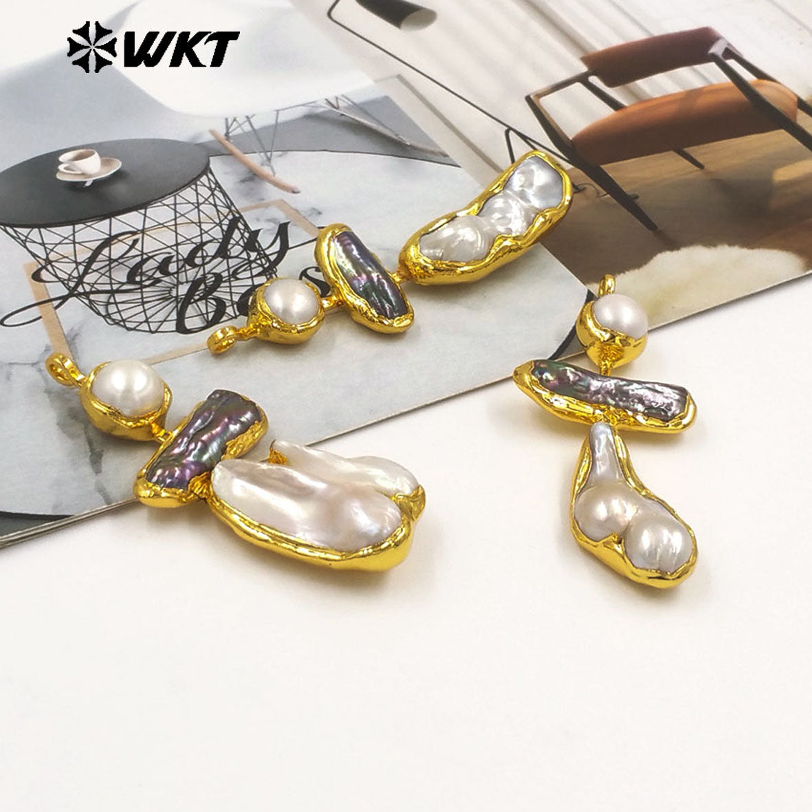 WT-JP433 Exquisite Back Full Gold Plated With Random Shape Natural Freshwater Pearl Pendant For Ladies Elegant Earrings Making