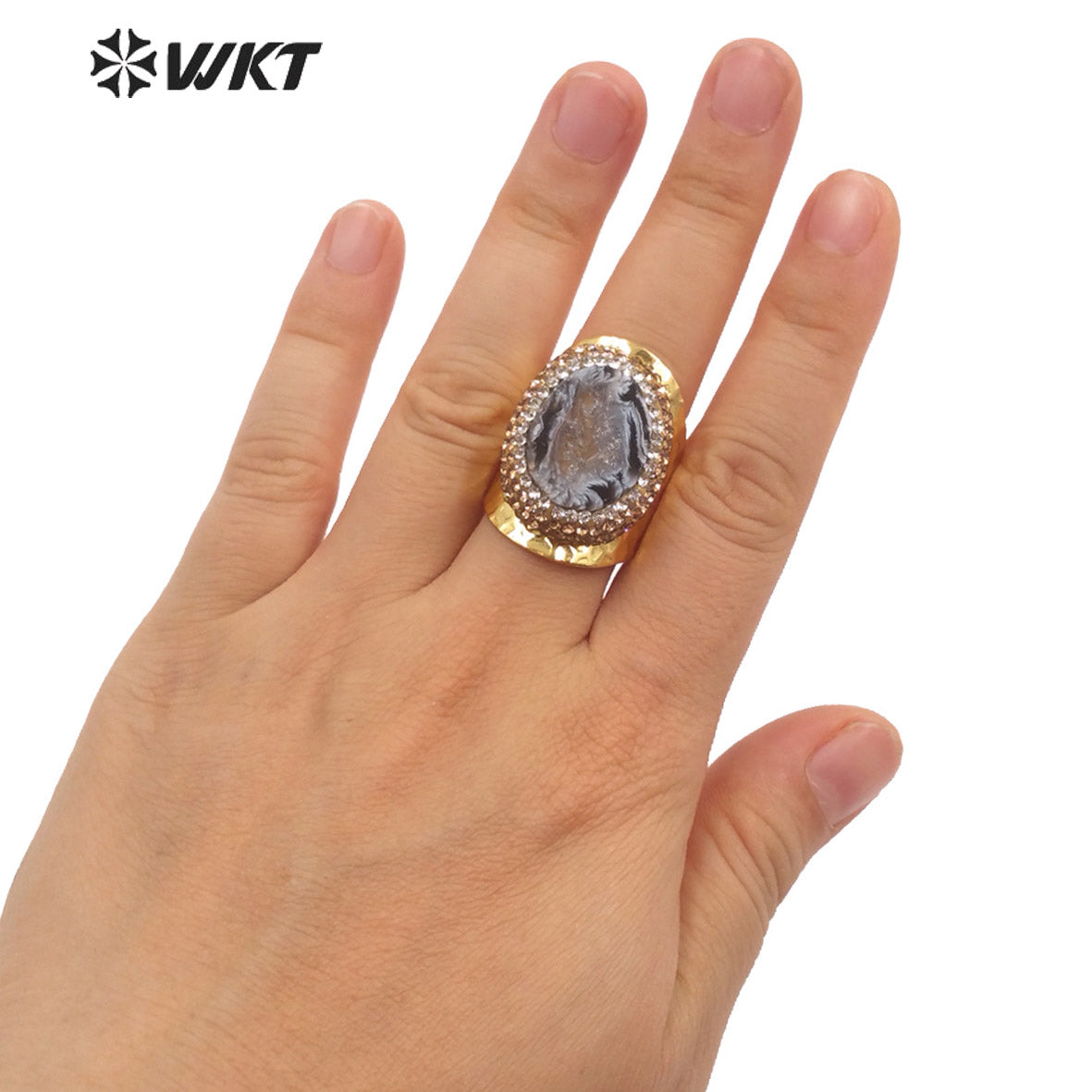 WT-R446 Amazing 18k Gold Plated Resist Tarnishable Natural Geode Agate Ring Women Wide Band Stone Cocktail Ring