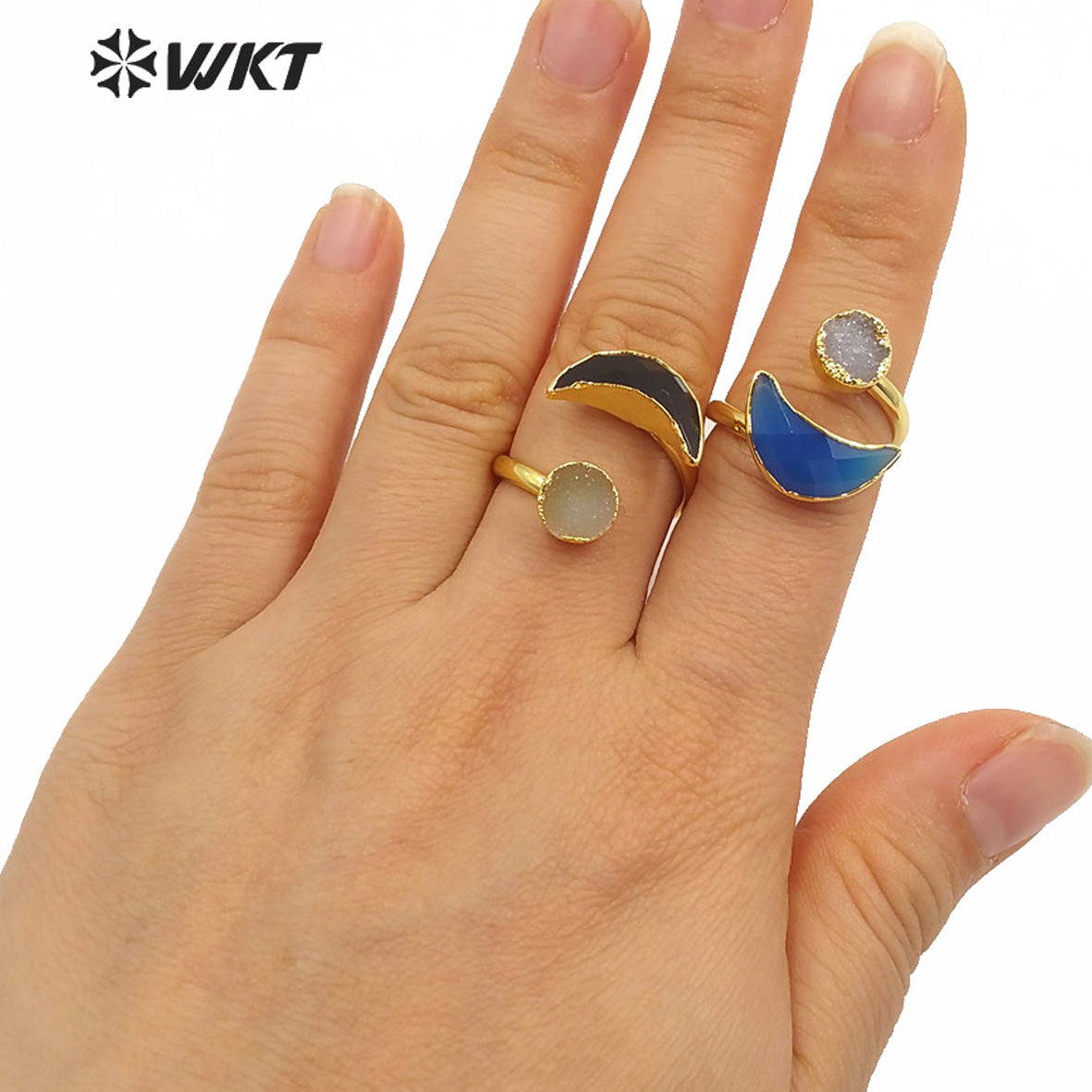 WT-R357 Wholesale Women Double Stone Cock Tail Ring Natural Gold Electroplated Druzy Agate Stone Ring Crescent Horn Stone Rings