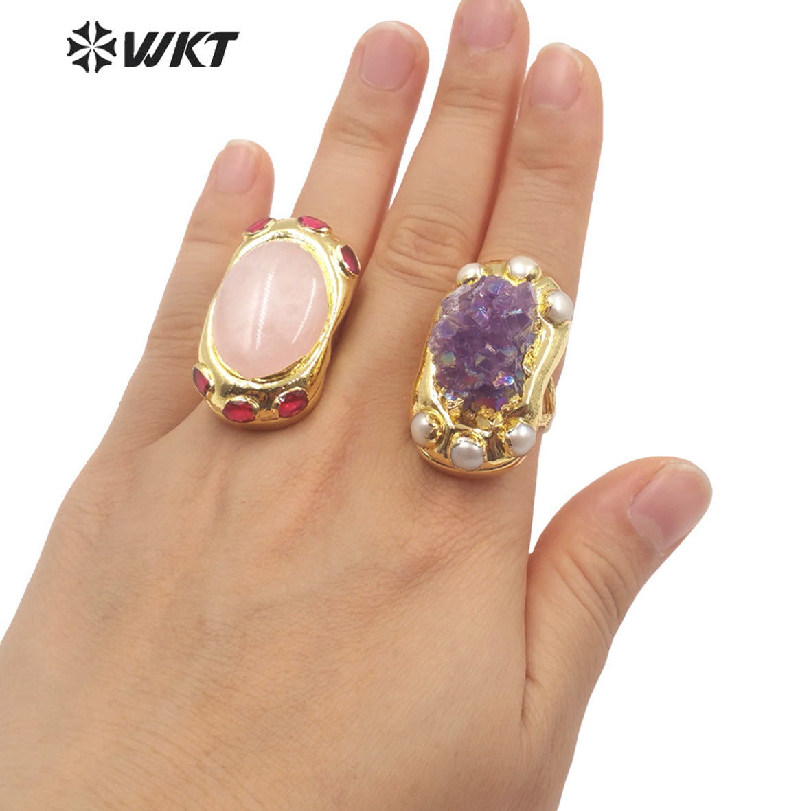WT-R501 Lovely New Europe Design 18K Real Gold Plated Oval Stone With Zircon Around Unisex Popular Gemstone Ring