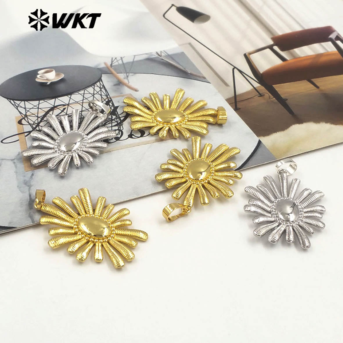 WT-P1995 Latest Vividly Flower Design Yellow Brass Fire Flames Pendant for Necklace or Earring Fine Crafts Accessory Making