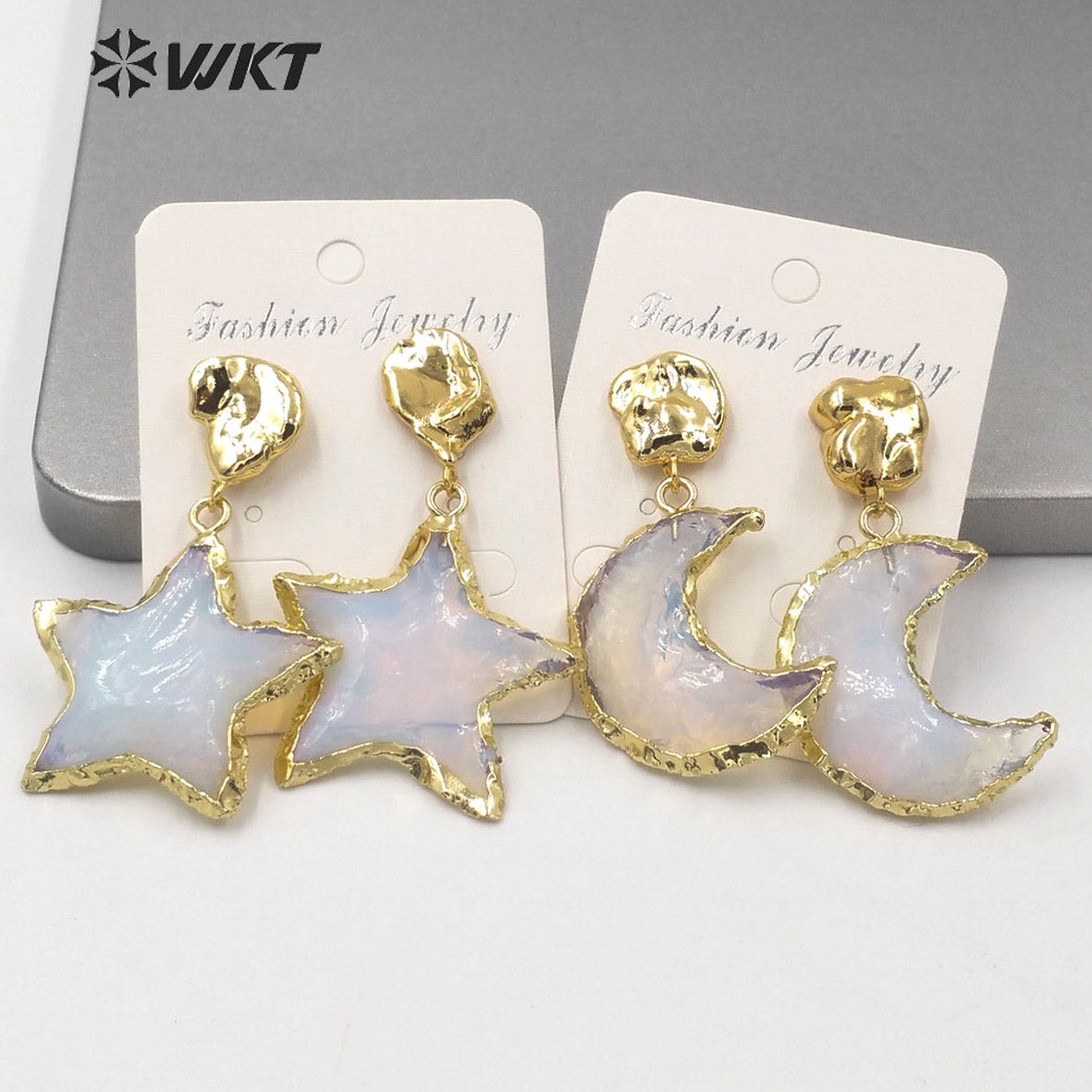 WT-E635 Amazing Super Hot Fashion Gold Electroplated Opal Star Earrings Hand Make Natural Moon and Star Stone Opal Earrings