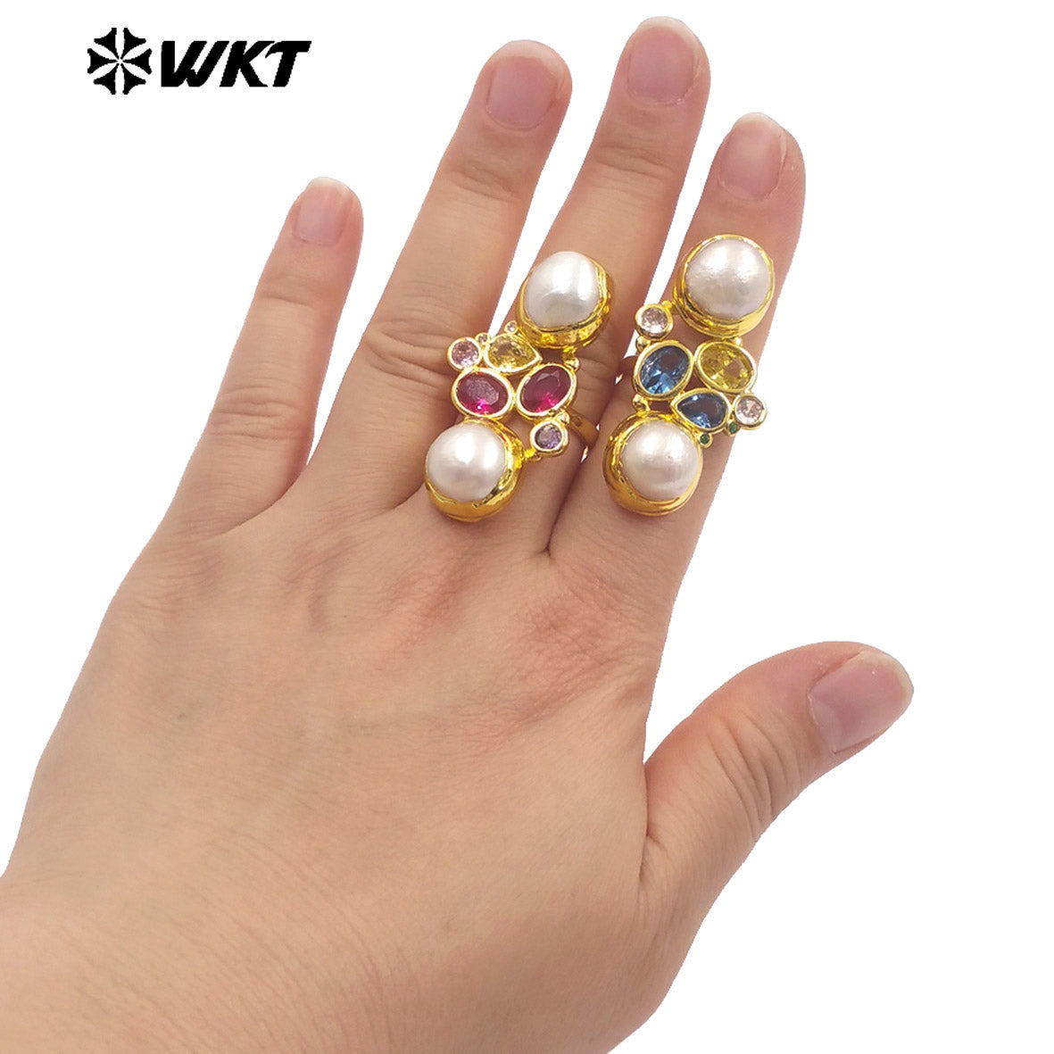 WT-MR042 Wholesale Amazing Pearl Ring With Cubic Zircon Adjustable Size Gold Plated Elegant Fashion Style Ladies Jewelry