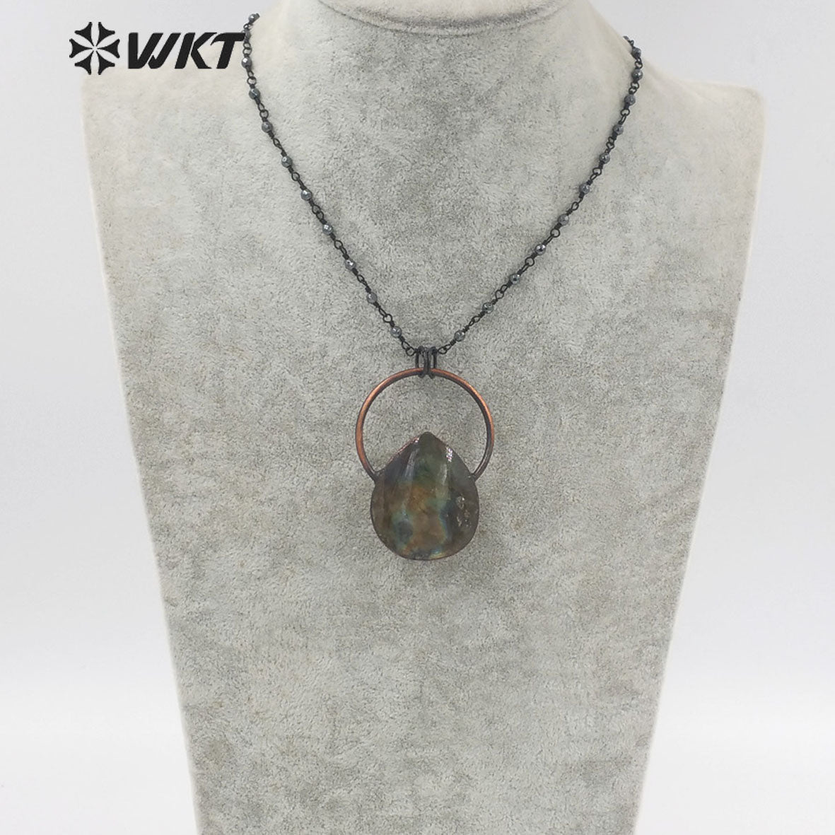 WT-N1334 WKT Vintage Shiny Antique Copper Water Drop Shape Natural Stone Labradorite with Copper Big Ring Jewelry Necklace