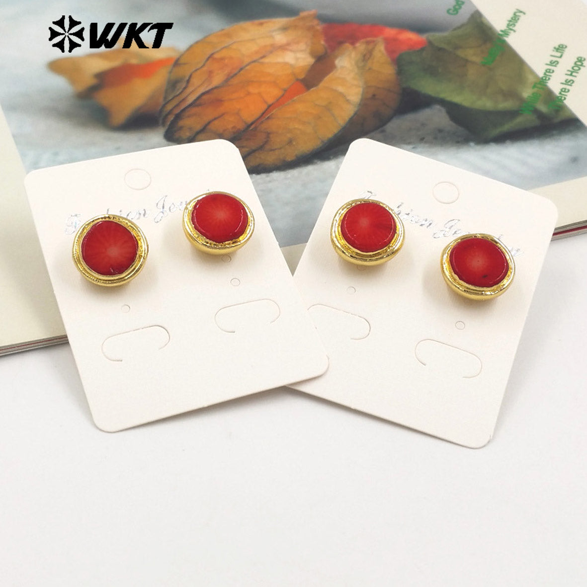 WT-MPE138 2024 Latest Models Cute Stylish 18K Gold Plated Natural Brass Red Coral Round Earrings for Women As Birthday Gifts