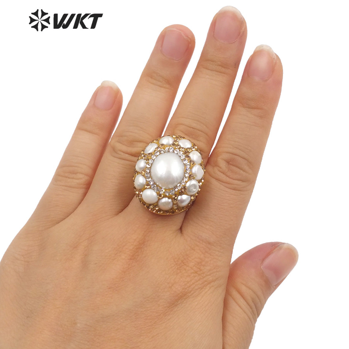 WT-MPR046 WKT Newest Handmade Rhinestone Setting Multi Pearl Ring Women Gold Plated Freshwater Pearl Wedding Ring for Gift