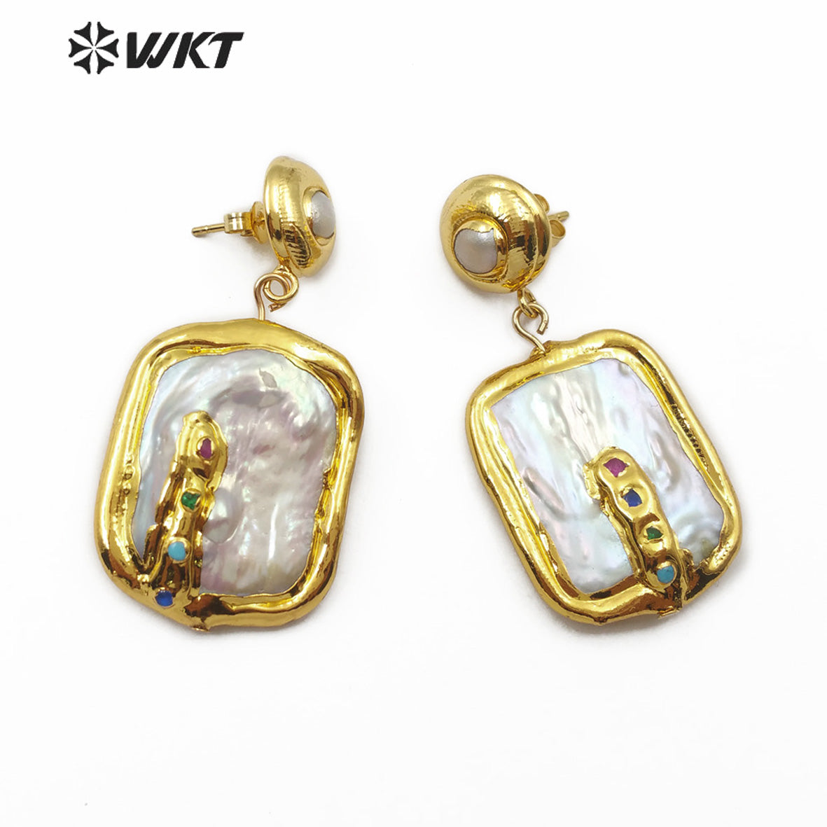 WT-E574 WKT New Arrival Natural Pearl Earring With Color Beads Rectangle Shape Gold Plated Pearl Earrings Women Fashion Jewelry