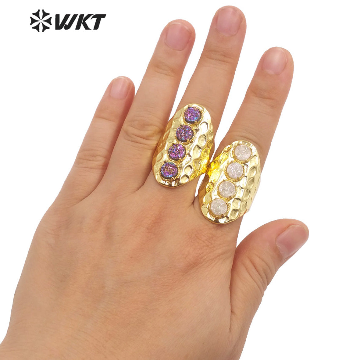 WT-R443 Wholesale Fashion Gold Bezel Natural Druzy Agate Ring Wide Band Women Party Stone Ring for Birthday Girl Friend