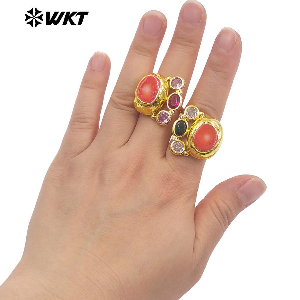 WT-MR041 18K Gold Plated Resist Tarnishable Cute Women Ring With Natural Red Coral And Colorful Cubic Zircon Adjustable