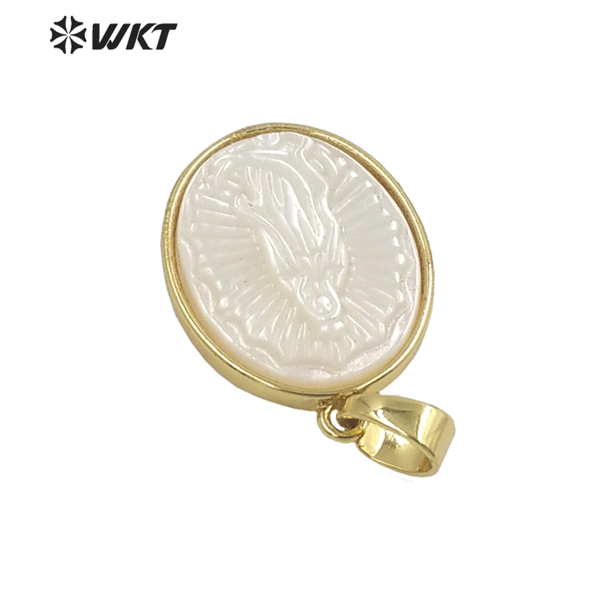 WT-JP320 Wholesale Fashion Religious Christian Virgin Mary Shell Pendant Gold Bezel Oval Shape MOP Jewelry Pendant