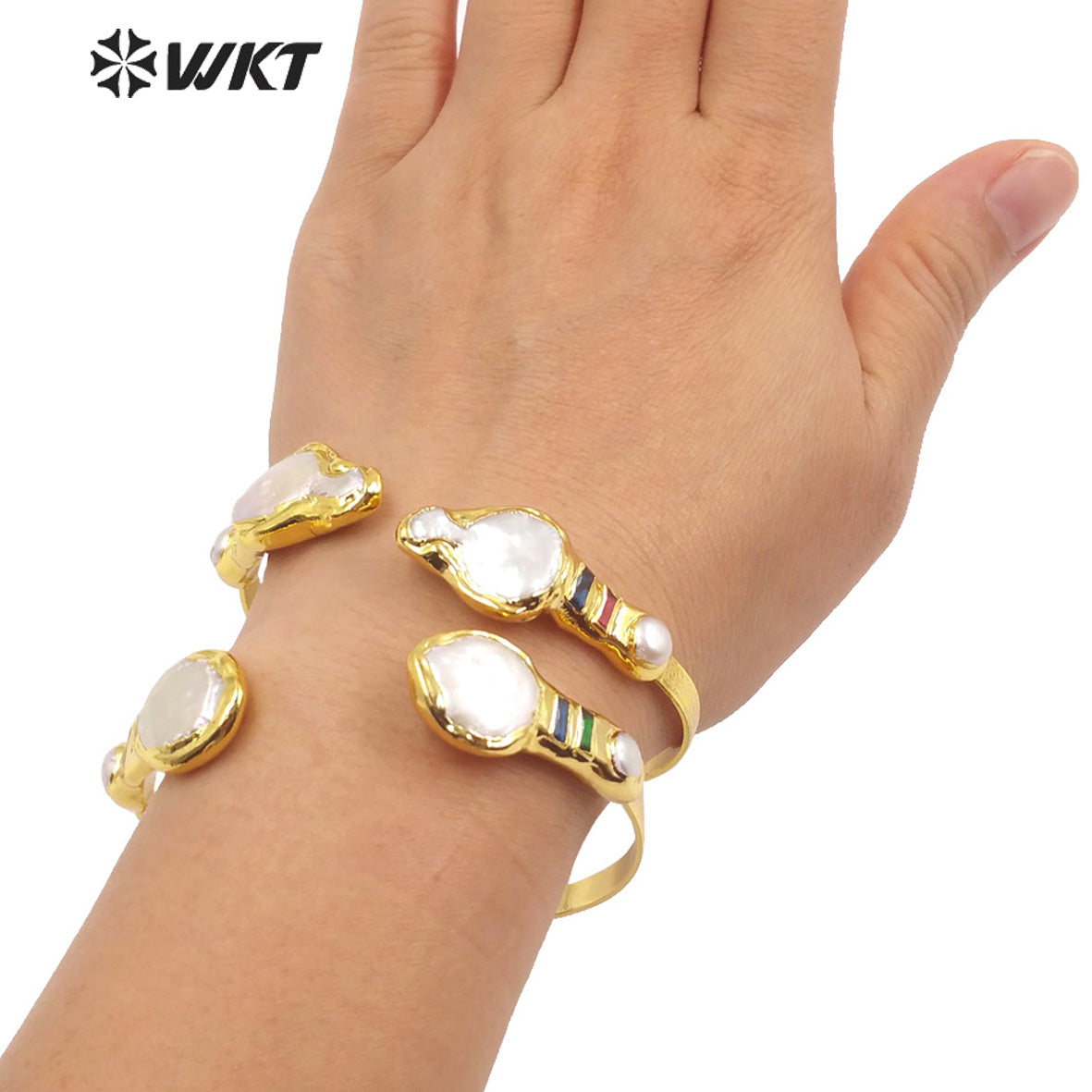 WT-MPB076 Fashion Freshwater Pearl Bangle 18k Real Gold Plated Double Pearl Gorgeous Delicate Women Bangle in Adjustable