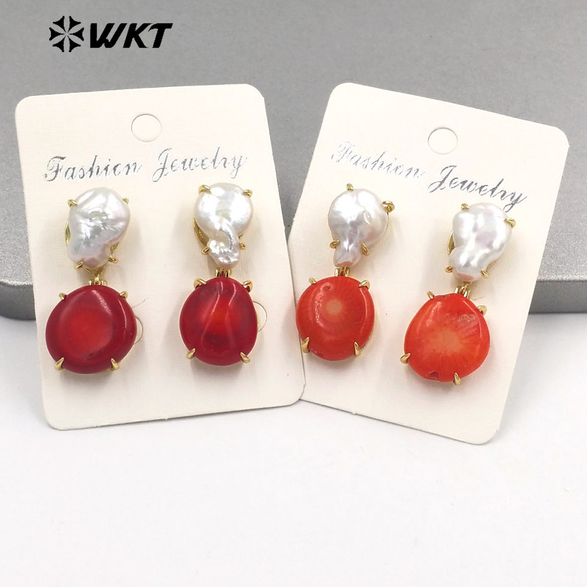WT-MPE096 Wholesale Fashion Gold Plated Claw Setting Coral Pearl Earrings Women Trendy Boho Pearl Studs for Friend Gift