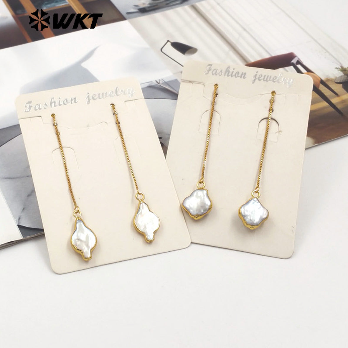 WT-MPE153 High Quality Natural Freshwater Pearl Long Earrings Gold Plated Double Design for Elegant Ladies Tiny Charm Jewelry
